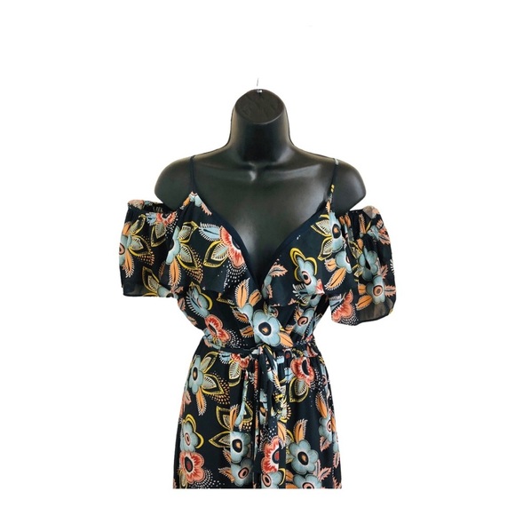 Loft Cold shoulder wrap style v-neck belted dark floral maxi dress size small - Picture 11 of 15
